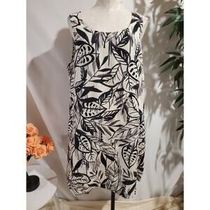 Tahari 100% Linen Tropical Leaf Print Shift Dress Plus Size 1X Pockets Natural